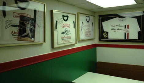 The restaurant is adorned with celebrity testimonials (from Franco Harris to Alex Trebek), penned directly to framed t-shirts.