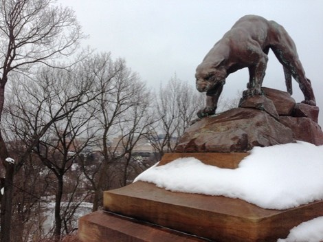 Panther Valley Lake (below, left) and a real-life Pittsburgh Panther guarding the Panther Hollow Bridge (constructed, 1897)