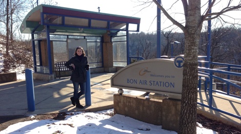 Kim demonstrating our pride at actually being at the correct T station this time!