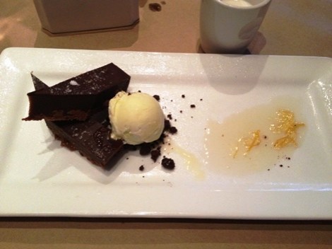Salted Caramel Chocolate Bar, Olive Oil Ice Cream and Candied Lemon Marmalade